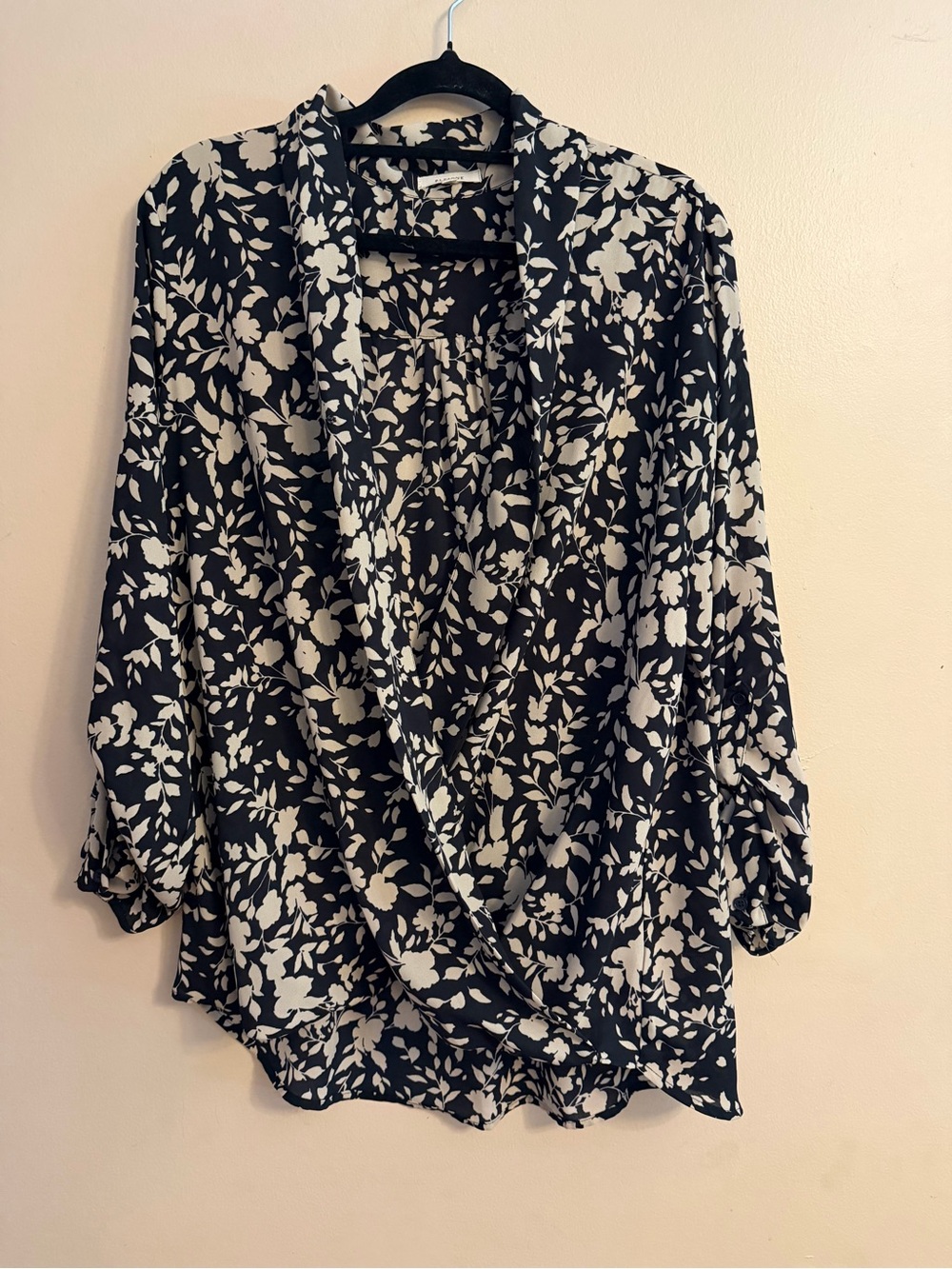 Pleione Black and White Floral Wrap Blouse